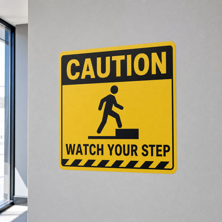 Caution Watch Your Step peel-and-stick vinyl sign installed on a wall
