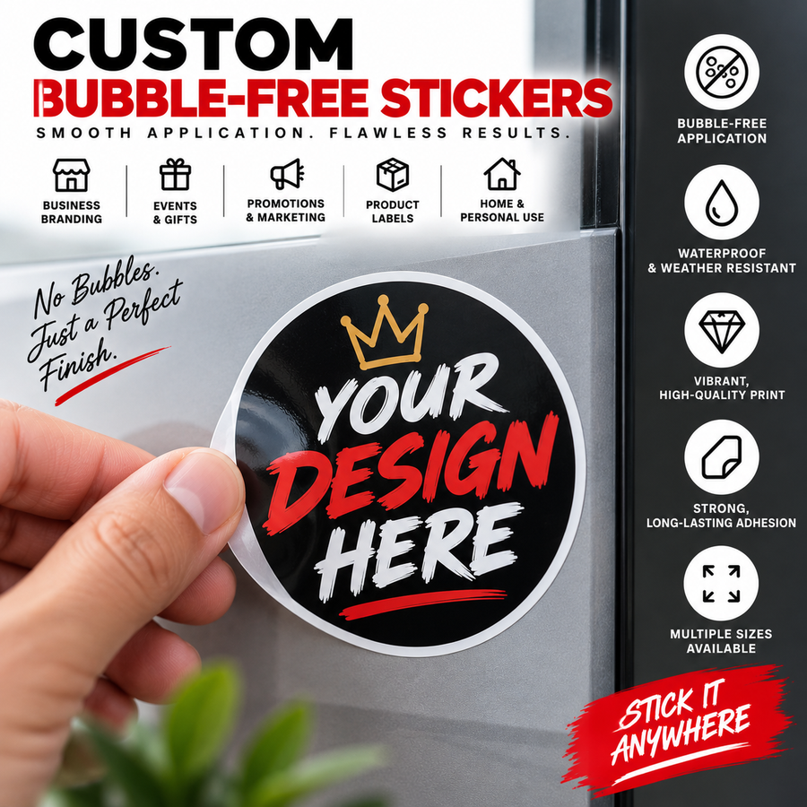 Custom bubble-free vinyl stickers for business branding product labels and promotional use
