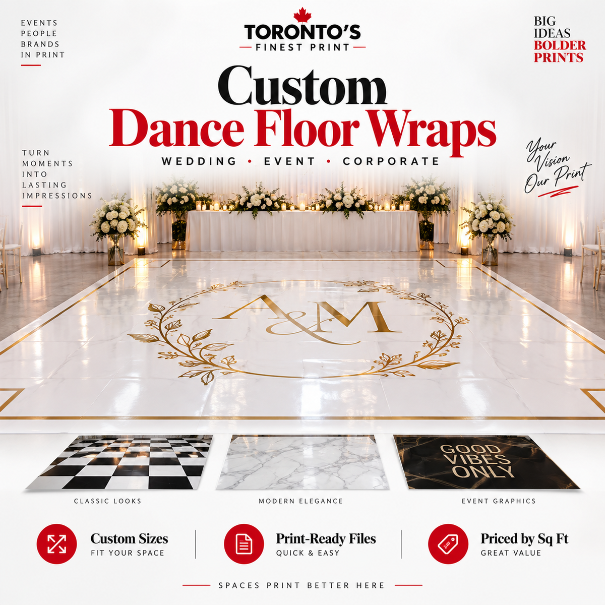 Custom dance floor wraps for weddings, events and corporate spaces by Toronto's Finest Print