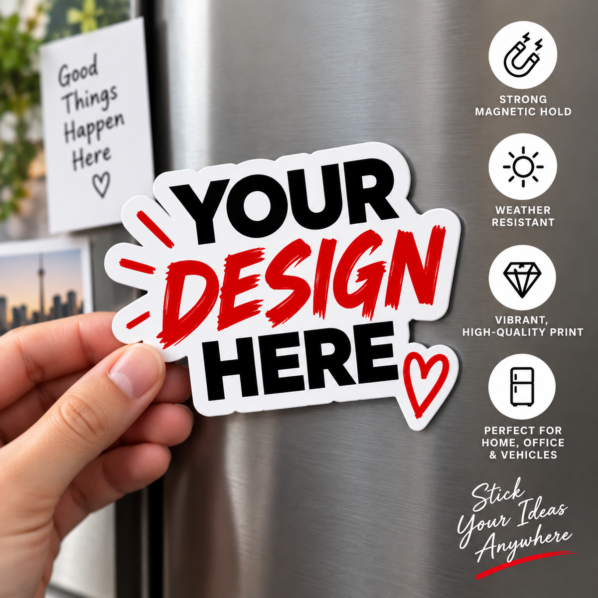 Custom die-cut magnet product mockup with personalized design
