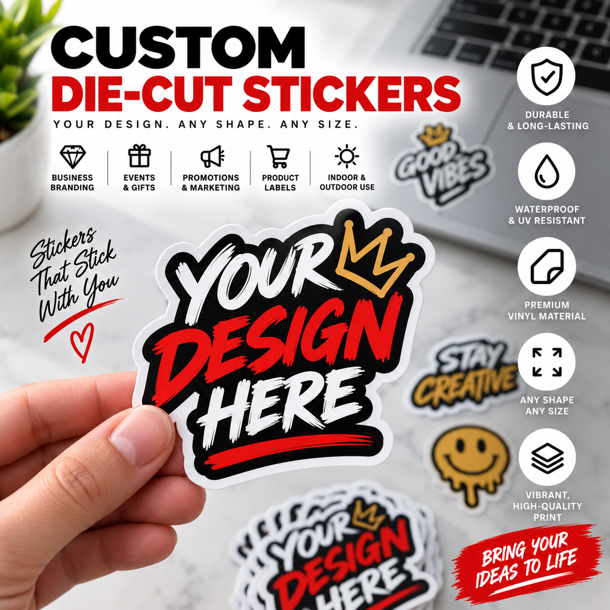 Custom die-cut vinyl stickers for logos branding packaging and promotional use
