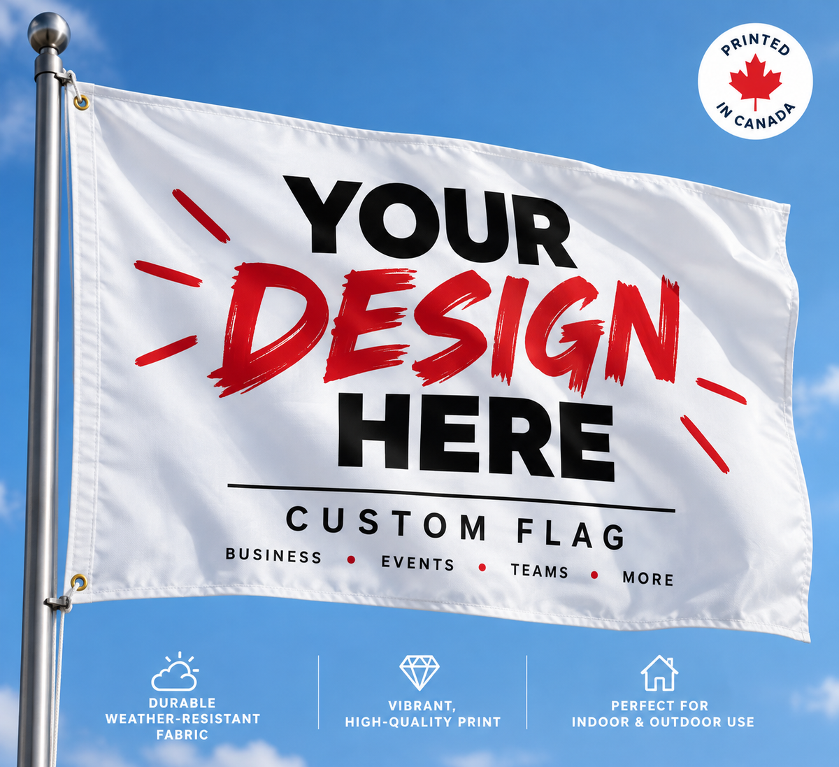Custom flag product mockup showing a personalized outdoor flag