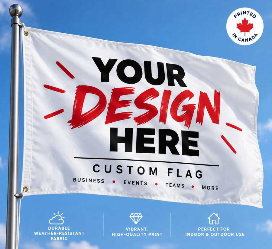 Custom flag product mockup showing a personalized outdoor flag