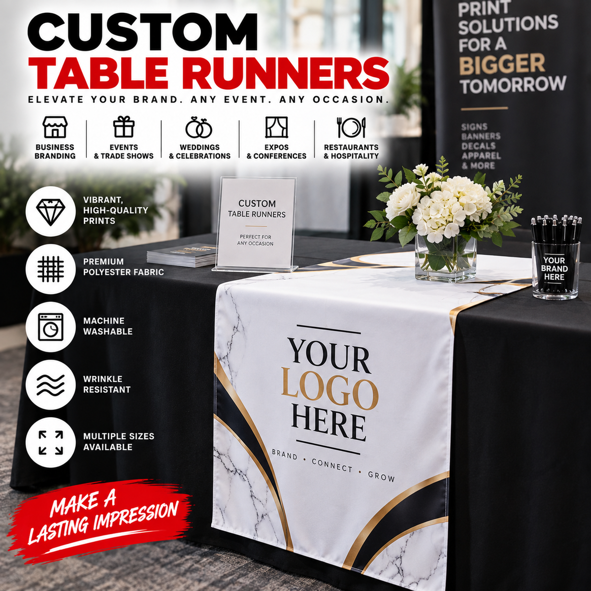 Custom table runner for trade shows vendor tables weddings and corporate events
