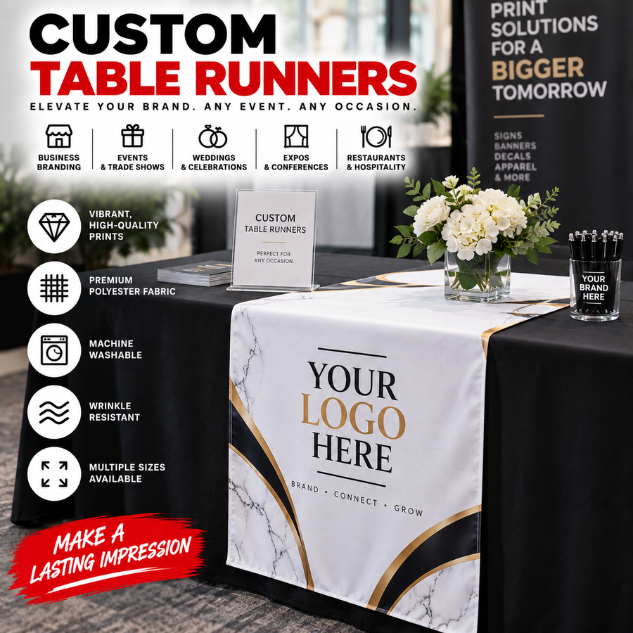 Custom table runner for trade shows vendor tables weddings and corporate events