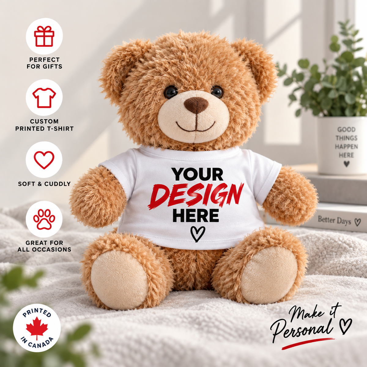 Custom teddy bear with personalized T-shirt product mockup