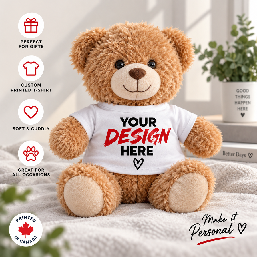 Custom teddy bear with personalized T-shirt product mockup