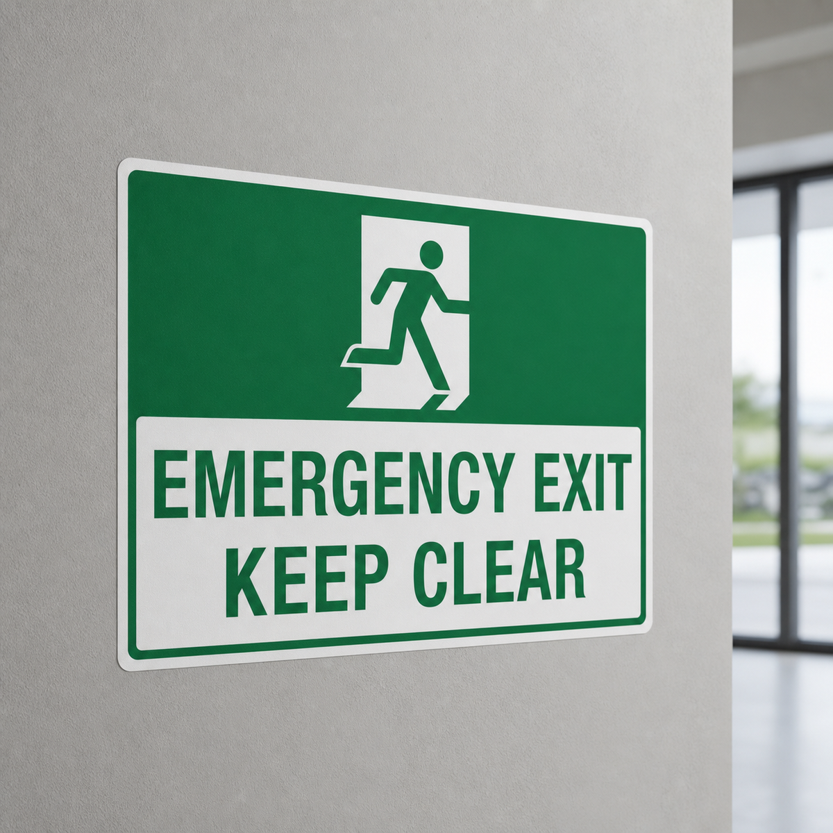 Emergency Exit Keep Clear peel-and-stick vinyl sign installed on a wall