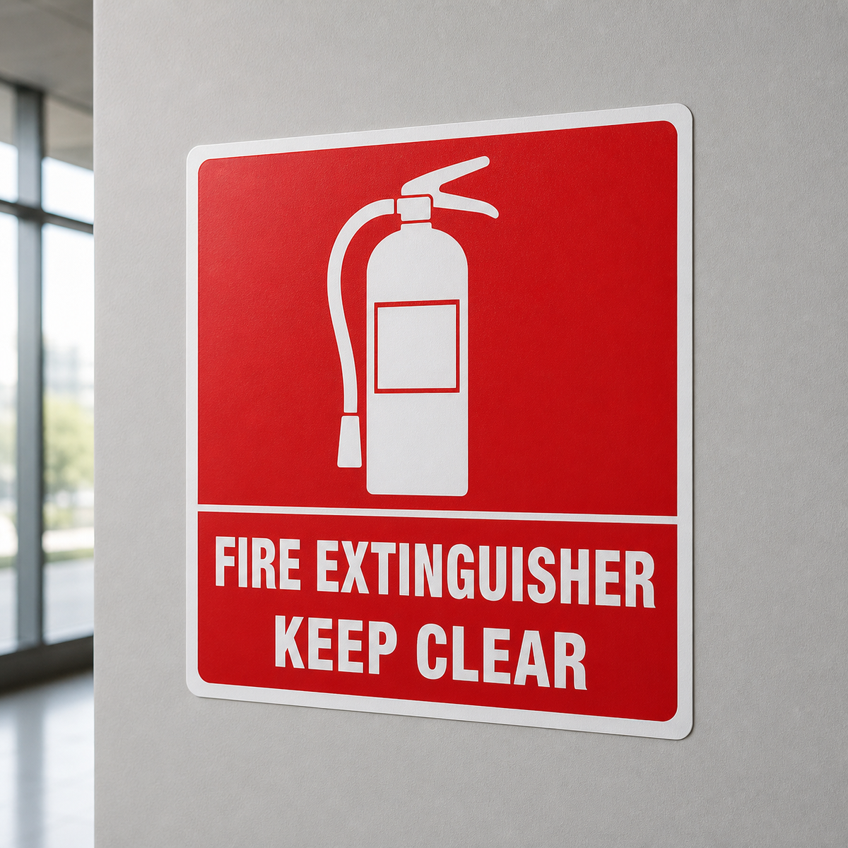 Fire Extinguisher Keep Clear peel-and-stick vinyl sign installed on a wall