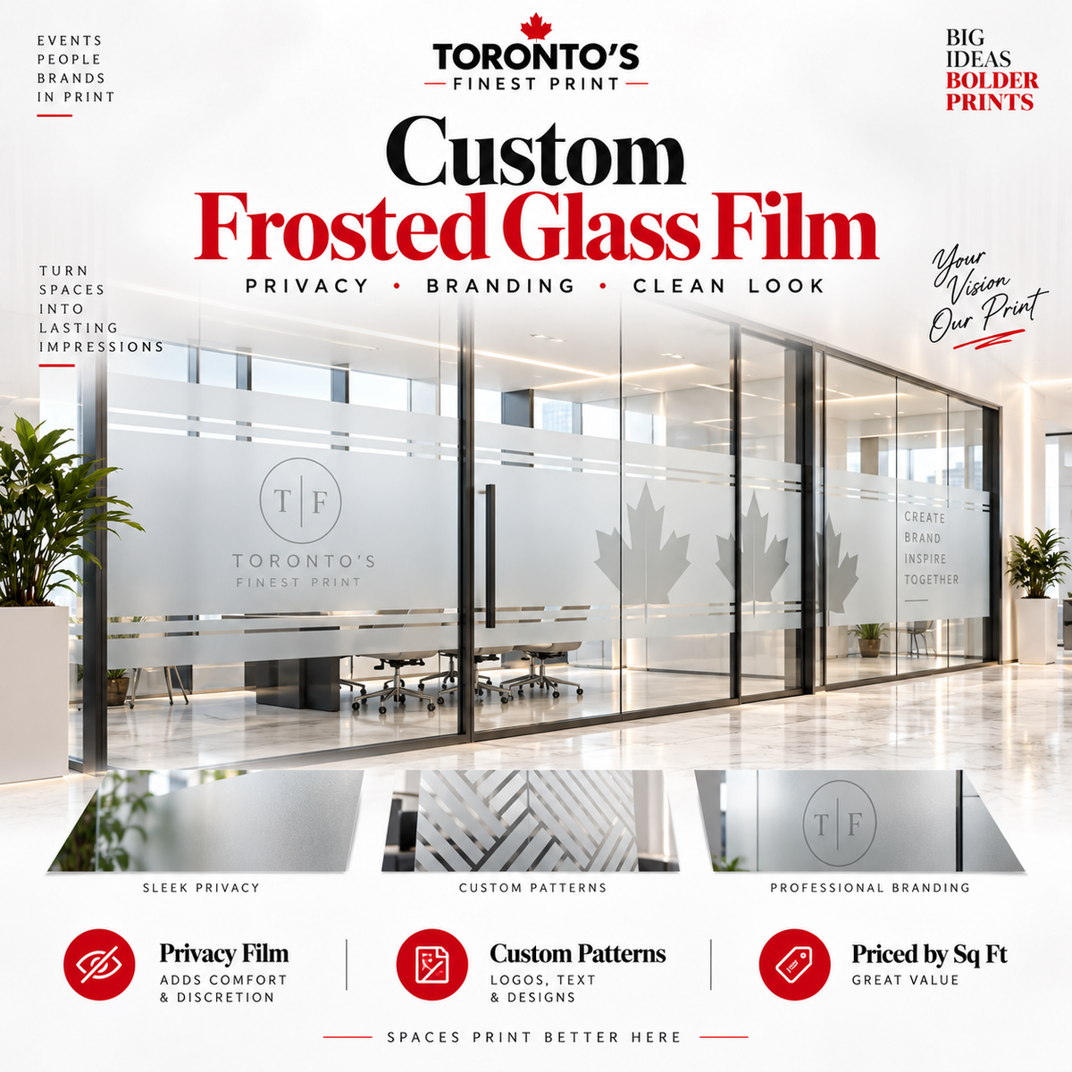 Custom frosted glass privacy film with branding and patterns by Toronto's Finest Print