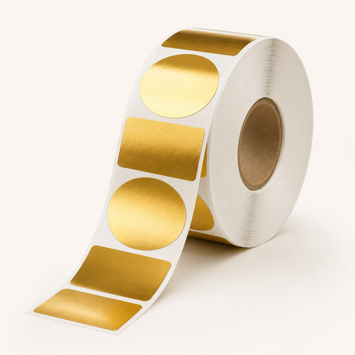 Realistic roll of custom gold foil labels for premium packaging