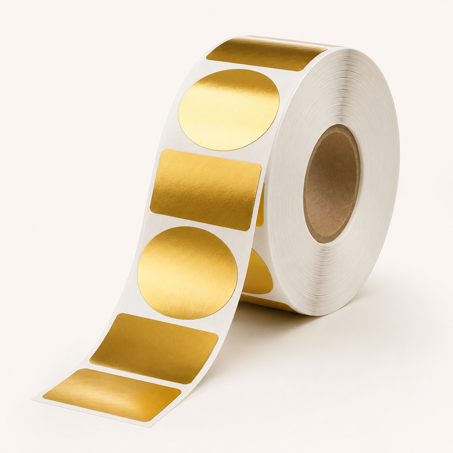 Realistic roll of custom gold foil labels for premium packaging