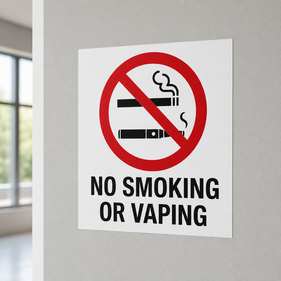No Smoking or Vaping peel-and-stick vinyl sign installed on a wall