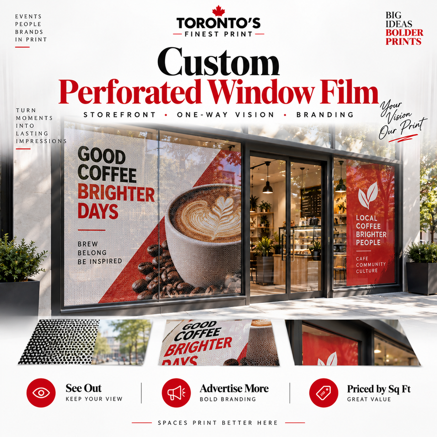 Custom perforated one-way vision storefront window film by Toronto's Finest Print