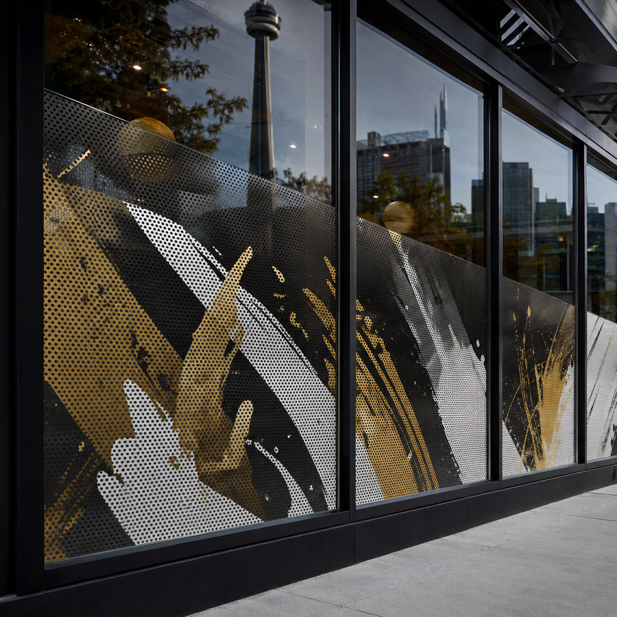 Perforated one-way vision window film installed on a Toronto storefront