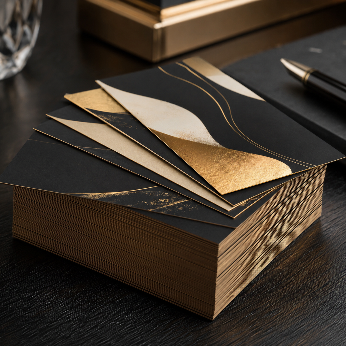Premium thick business cards with luxury black and gold finishes