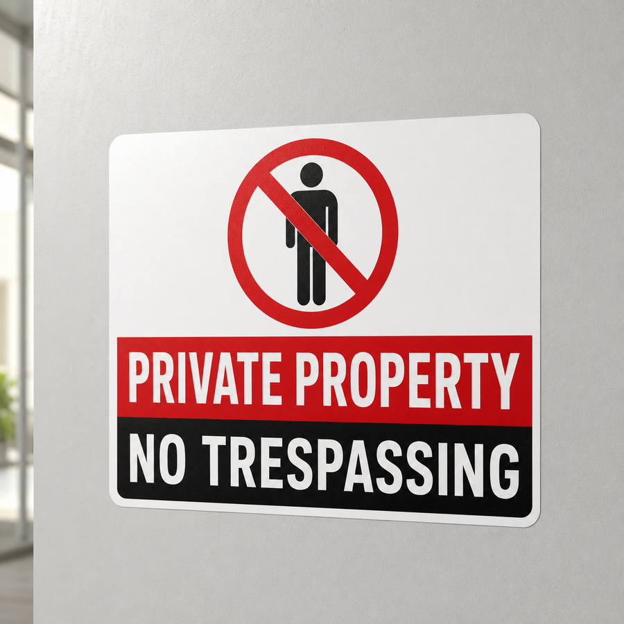 Private Property No Trespassing peel-and-stick vinyl sign installed on a wall