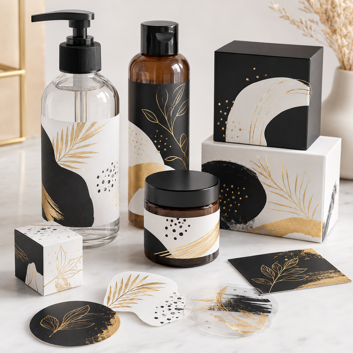 Custom printed product labels applied to retail packaging