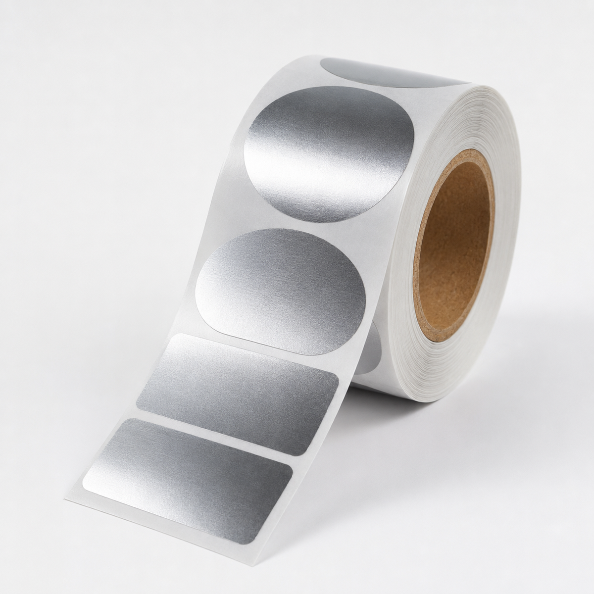 Realistic roll of custom silver foil labels for product packaging