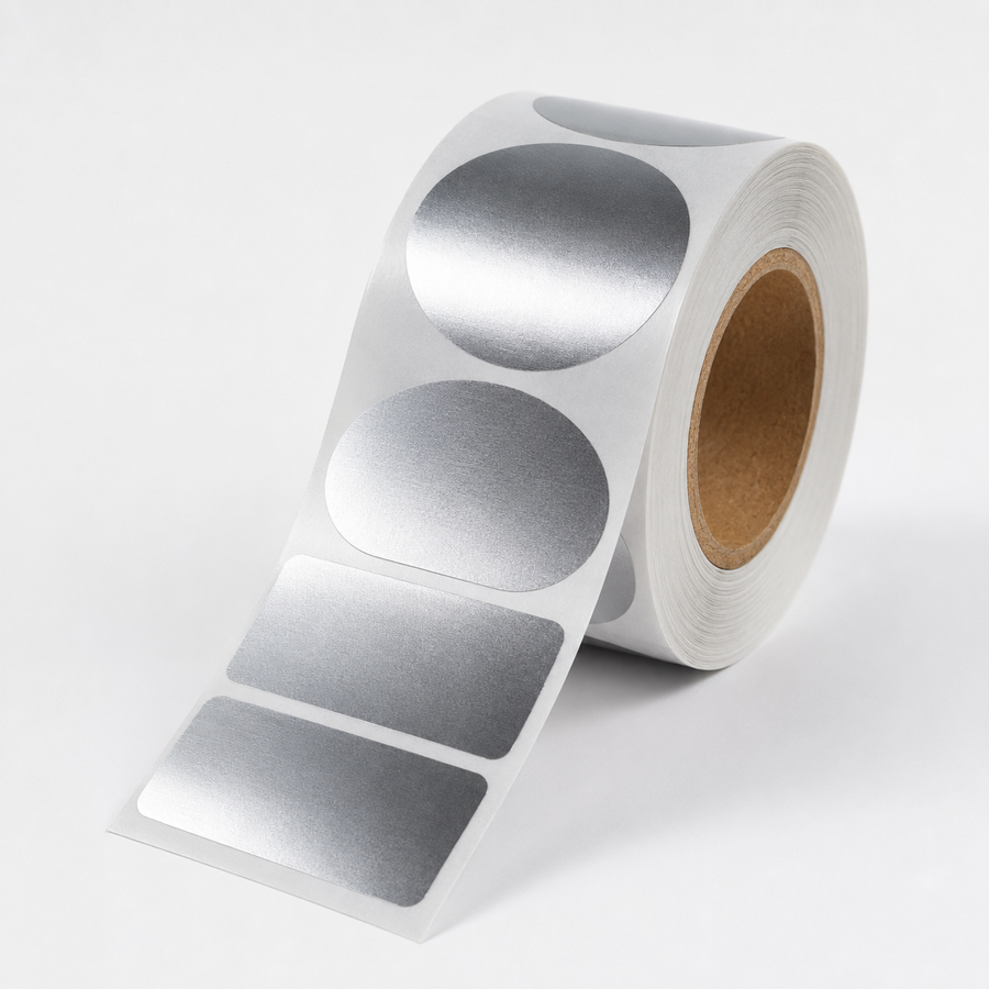 Realistic roll of custom silver foil labels for product packaging