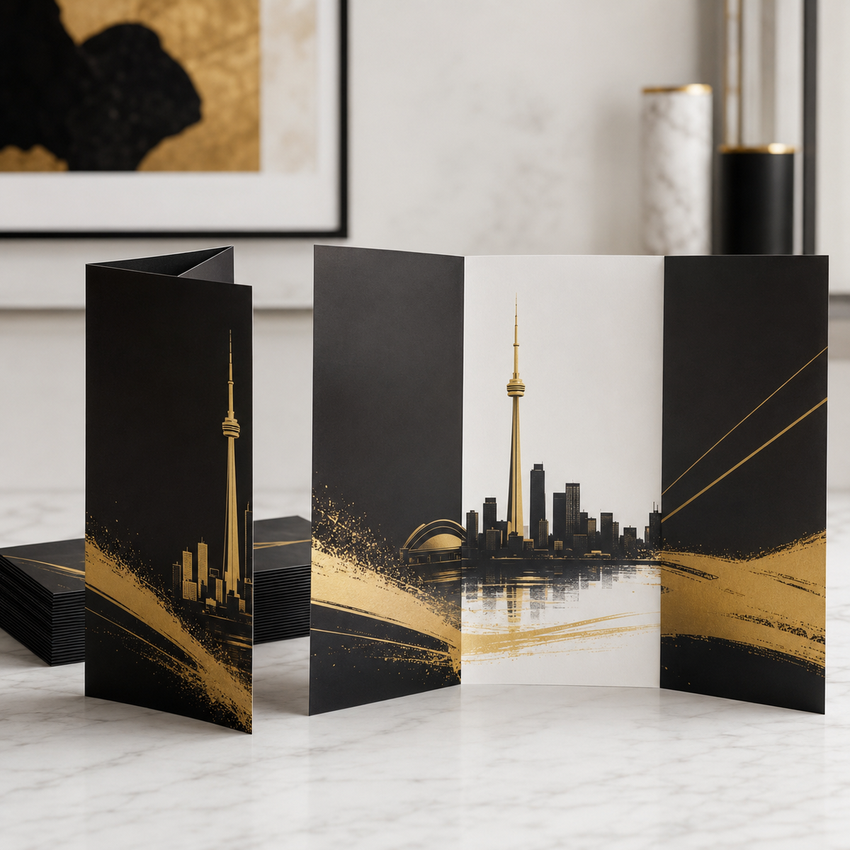 Professionally printed tri-fold brochures displayed open and folded