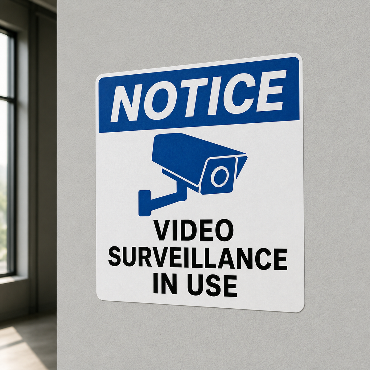 Video Surveillance In Use peel-and-stick vinyl sign installed on a wall