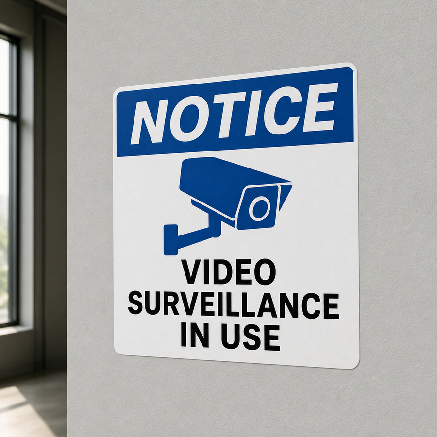 Video Surveillance In Use peel-and-stick vinyl sign installed on a wall