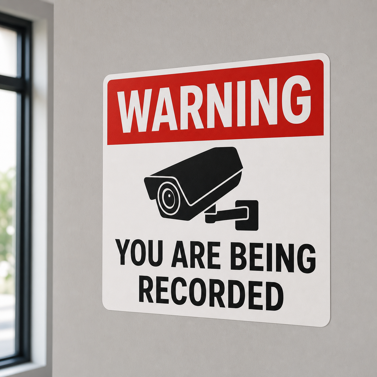 Warning You Are Being Recorded peel-and-stick vinyl sign installed on a wall