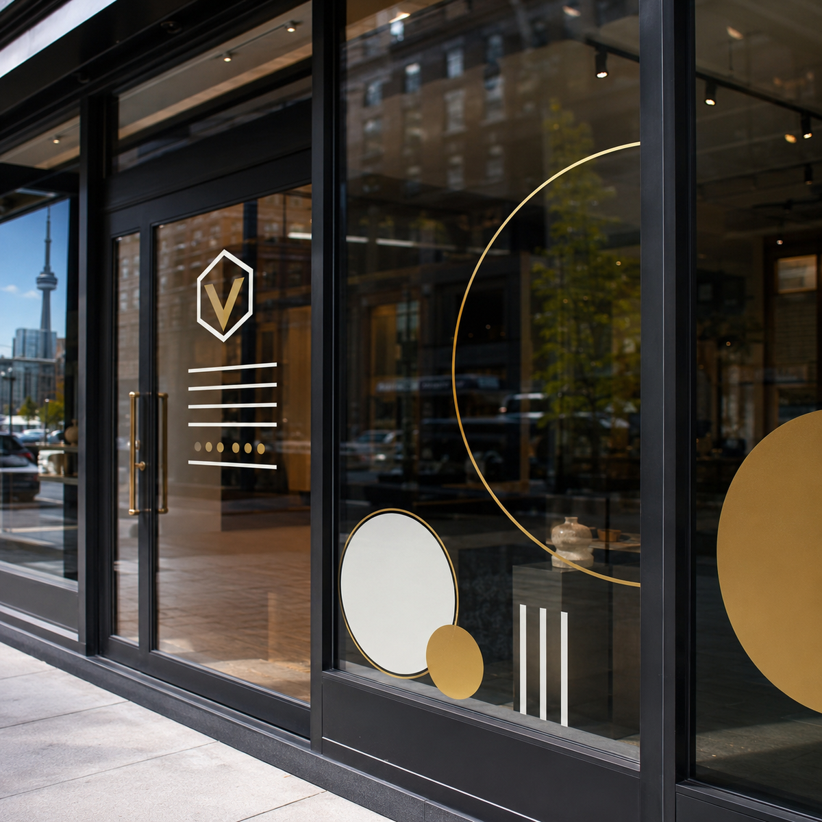 Custom window decals installed on a modern Toronto storefront