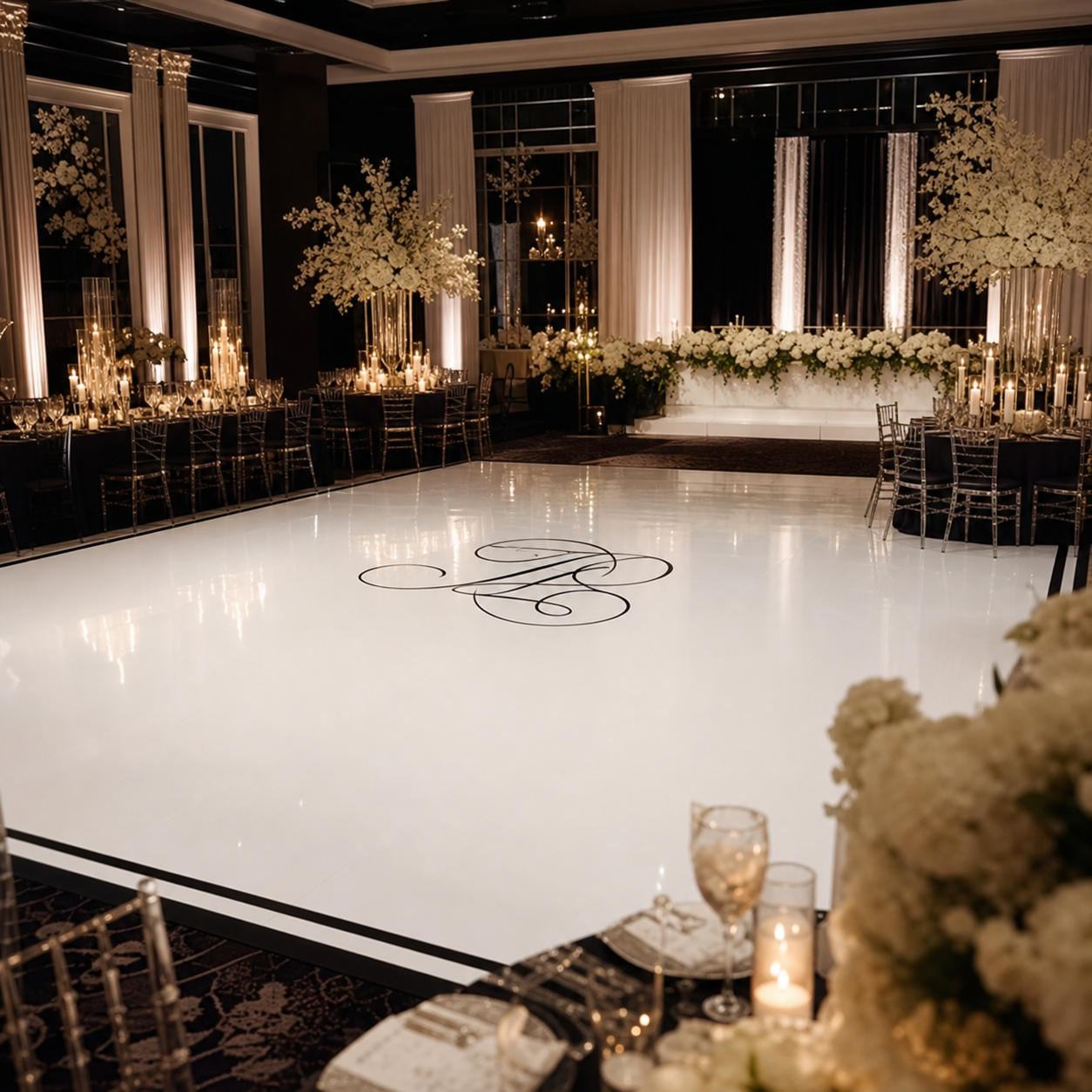 Elegant custom dance floor wrap at an event